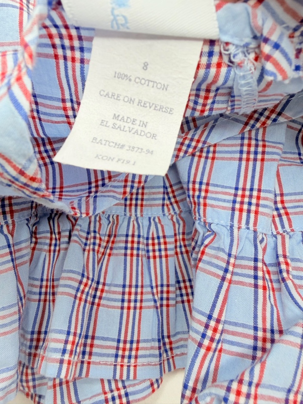 BELLA BLISS Preppy Americana Cotton Blue Plaid Ruffle Long-Sleeve Bow Top Size 8 - Picture 3 of 4